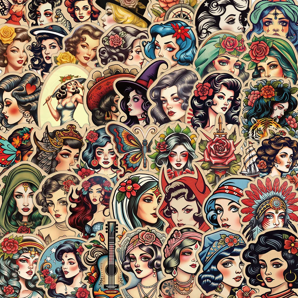 

10/50pcs Retro Sexy Pinup Tattoo Girl Stickers for Laptop Suitcase Motorcycle Aesthetic Waterproof Vintage Decals Sticker Toy