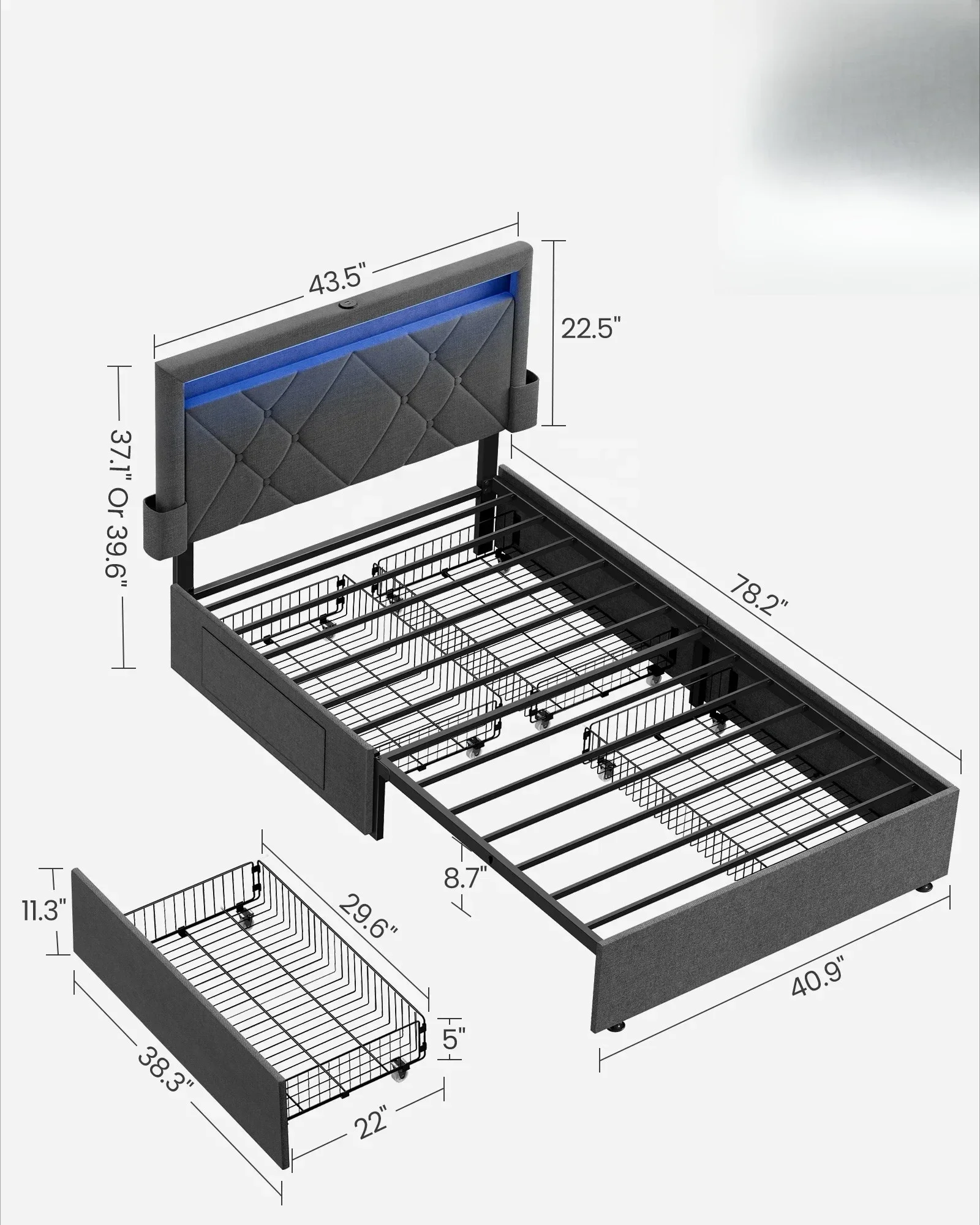 

Каркас кровати двойного размера с 4 ящиками и зарядной станцией. Современный каркас кровати для хранения из ткани с обивкой.