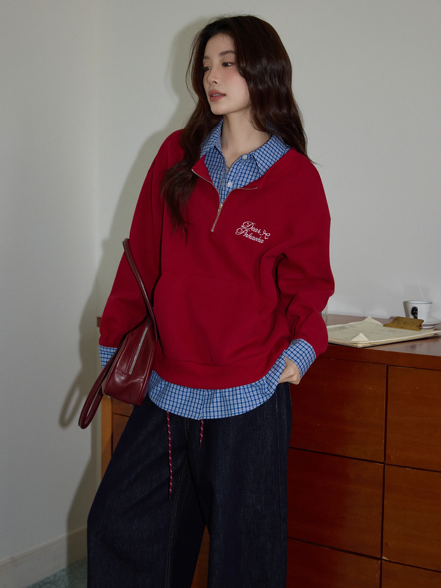 

Красная клетчатая толстовка с капюшоном для женщин, повседневная, с длинными рукавами, с воротником, удобная, из смесового хлопка, в корейском стиле, для повседневной носки