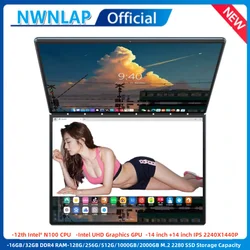 2026 New Dual Display Business Laptop Dual 14inch Touch 2in1 Intel N150 N100 12th DDR4 16GB 32GB Double Full Touch Screen Laptop