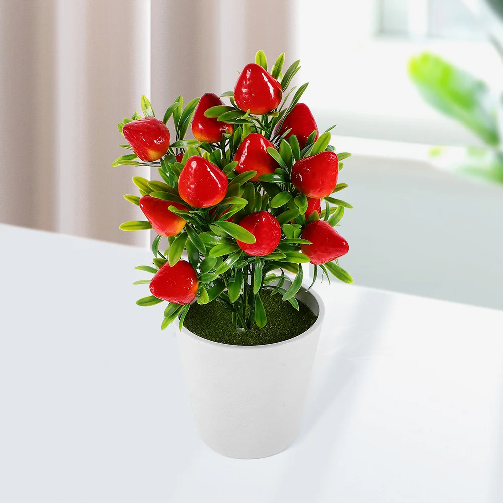 2セット シミュレーションイチゴの木 2セット リアルなフェイク盆栽 家庭 オフィス装飾 デスクトップ 人工果物鉢植え