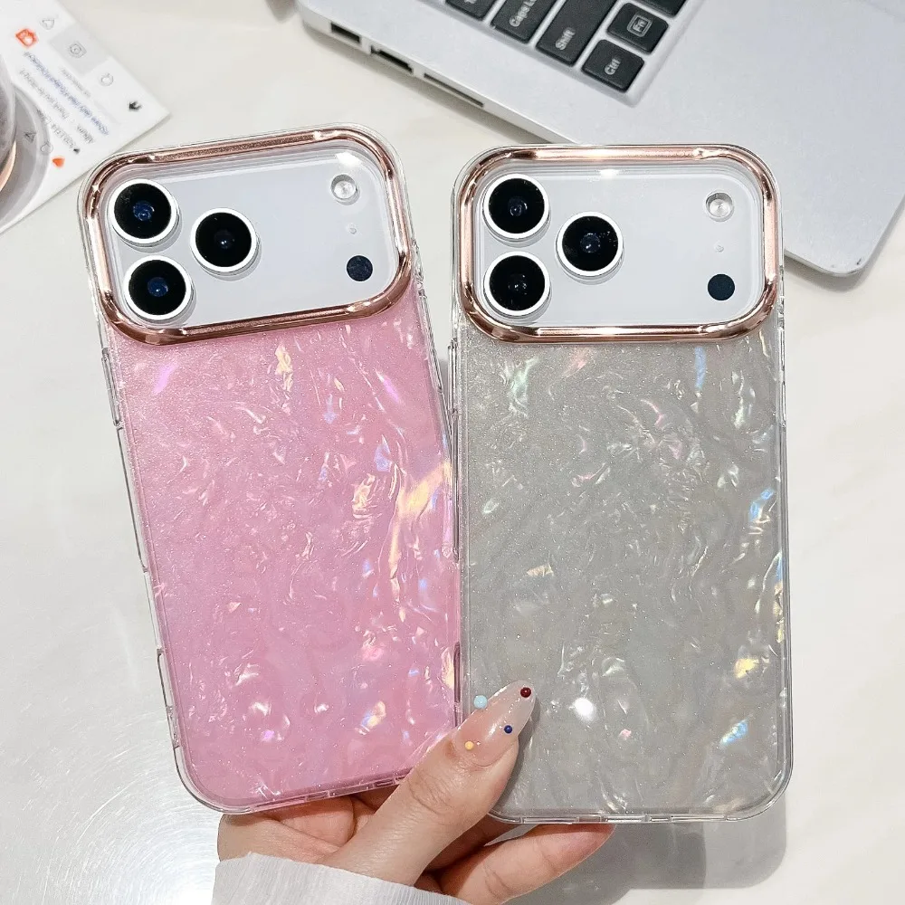 حافظة فاخرة بنمط شل ليزر أورورا لهاتف آيفون 17 إير 16 E 15 14 Plus 13 12 11 Pro Max غطاء كامرا بلينغ لامع