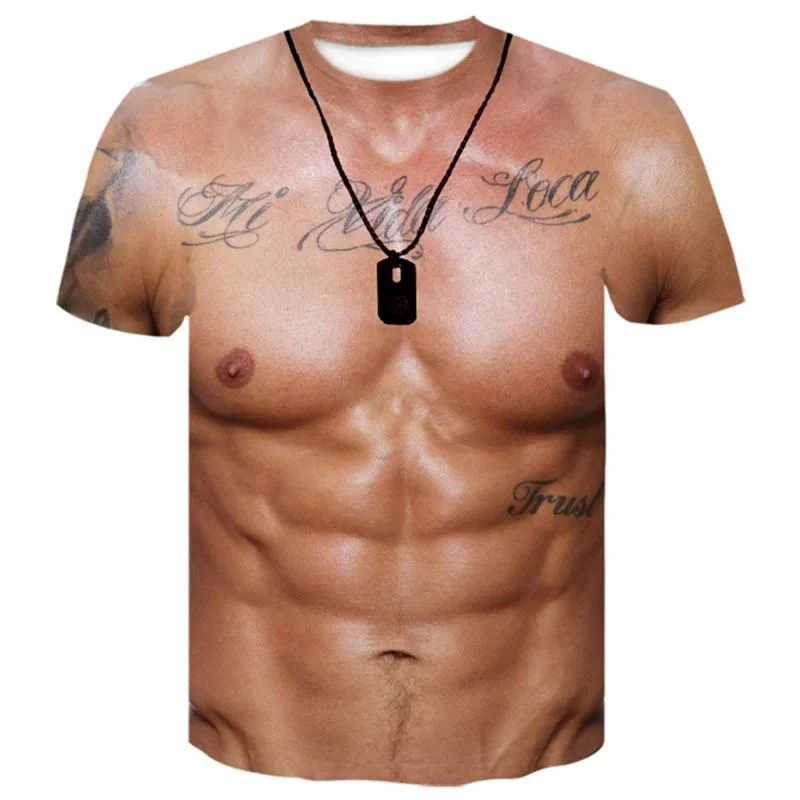 Men 3D T Shirt Bodybuilding Simulated Muscle Tattoo T-Shirt Casual Nude Skin Chest Musclar Tee Shirts Funny Short-Sleeve Clothes