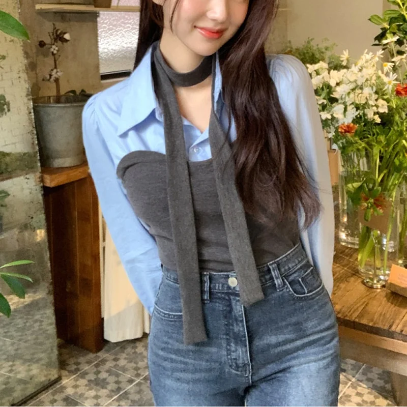 Chic Knitted Long Sve  Ne irt Women's Simple Sli Autumn Design Sense Versatile Padded Fake Two-Piece Top