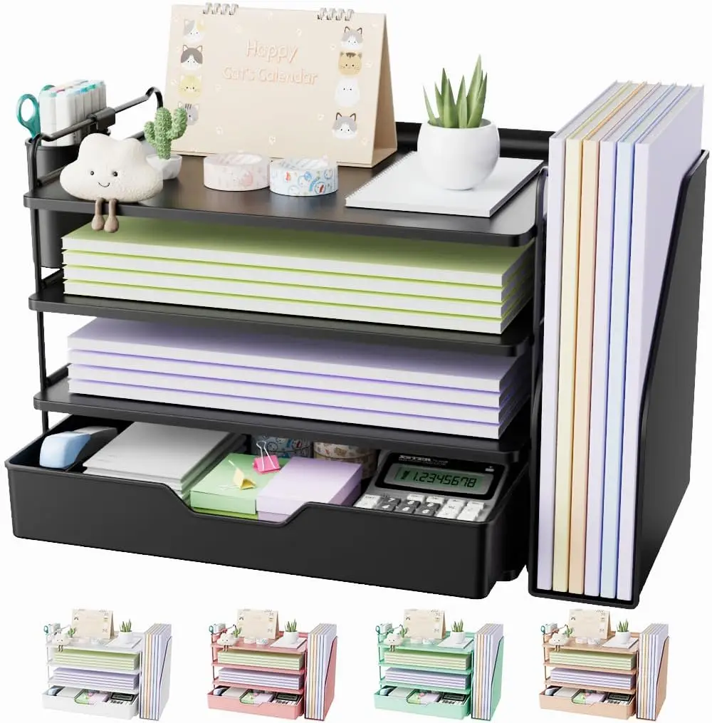

4-Tier Desk Organizer with Drawer & Pen Holder, Tool-Free Assembly, Non-Slip Pads for Office Supplies Storage, Black