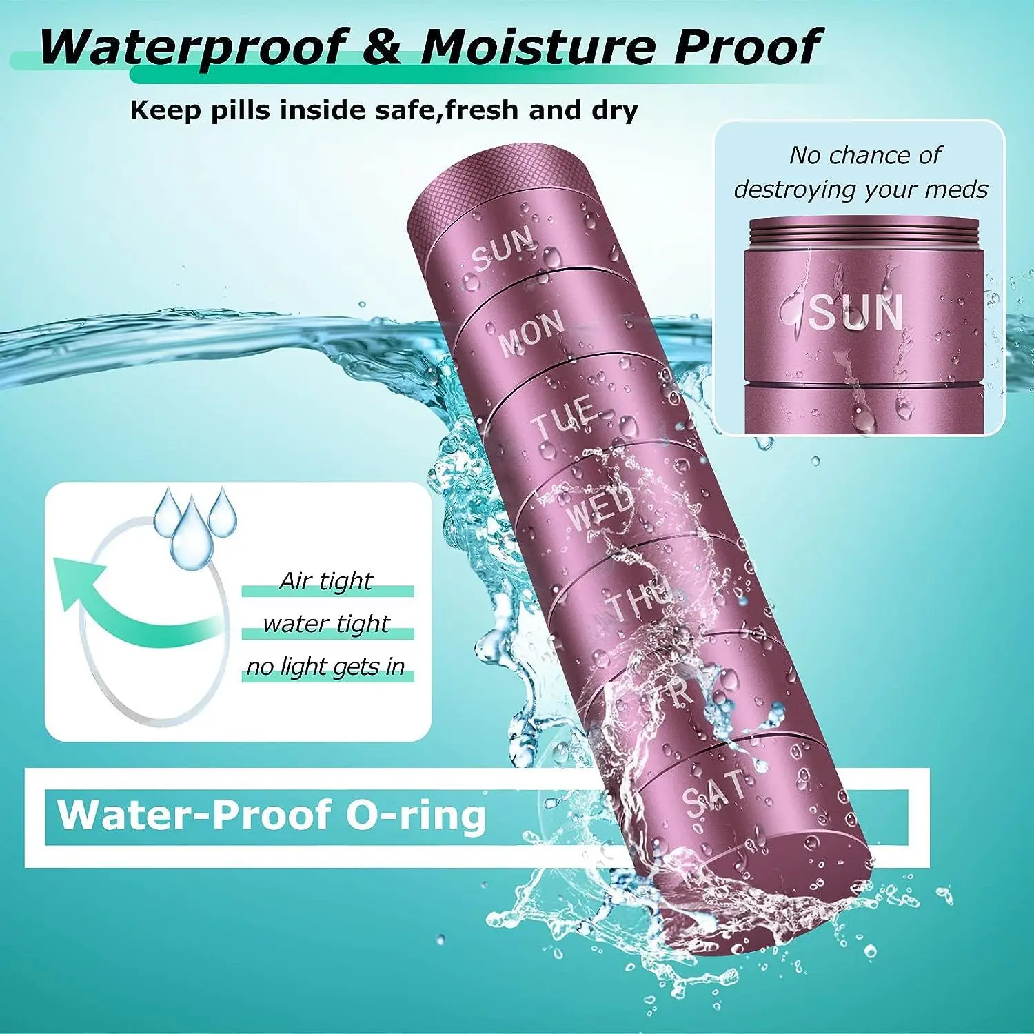 

Daily 7 Day Pill Organizer Compact Sealed Aluminum Alloy Pill Case Waterproof Container For Medication Vitamin Storage