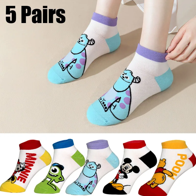 

5 Pairs Fashion Women Socks Anime Mickey Duck Bear Cartoon Socks New Summer Short Socks Super Cute Kawaii Girl Socks Size 35-40
