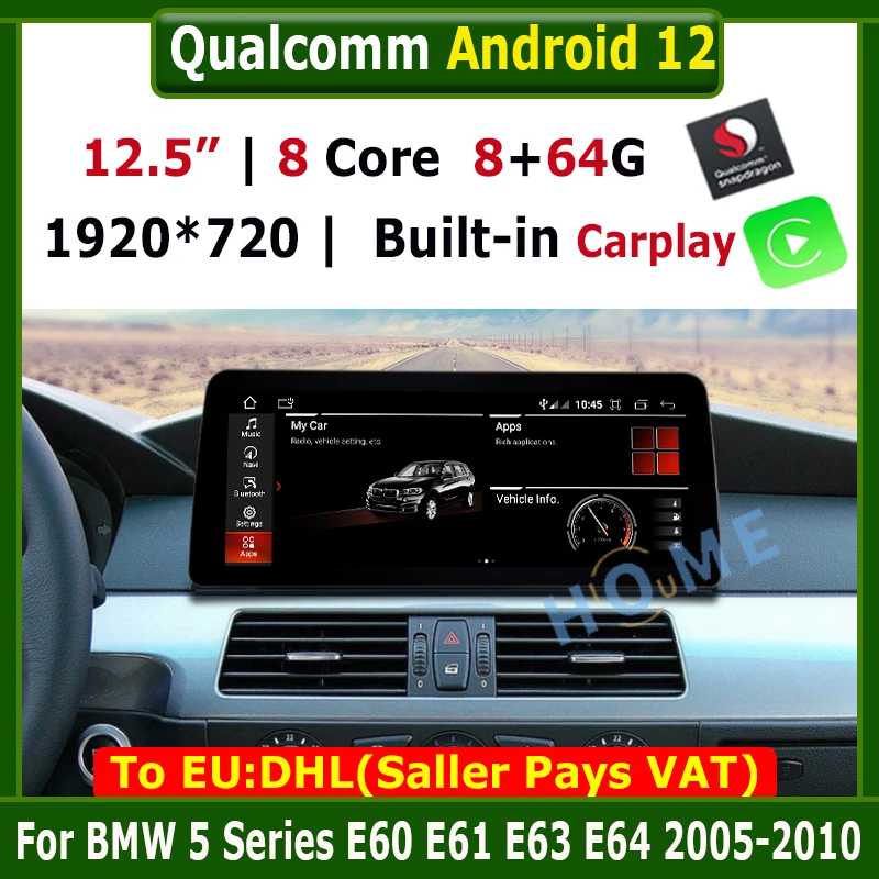 

12.5 Inch Snapdragon Android 12 8+64 Car Multimedia Player GPS Radio For BMW 3 / 5 Series E60 E61 E62 E63 E90 E91 BT 4G LTE