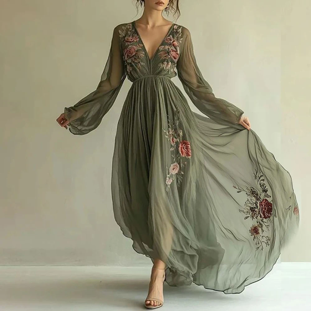 여성 빈티지 플로럴 자수 맥시 드레스 딥 V넥 시스루 롱 슬리브 하이 웨이스트 A라인 쉬폰 파티 이브닝 가운 드레스