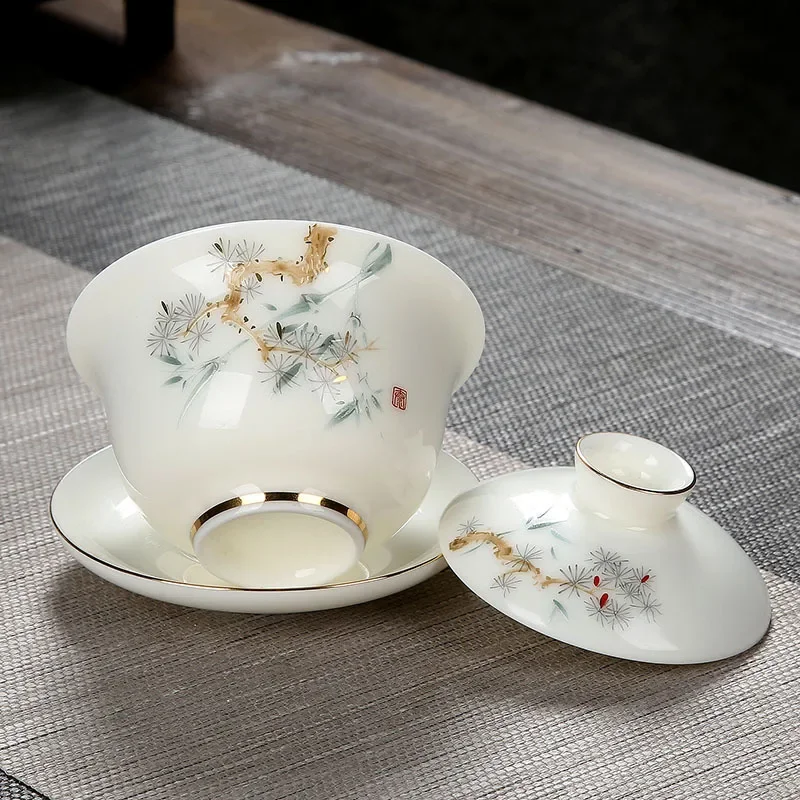 White Jade Porcelain Tea Bowl, Tea Cup and Saucer, Gaiwan, High-End Chinese Household Tea Set, Ceramic Puer Teacups, Tureen