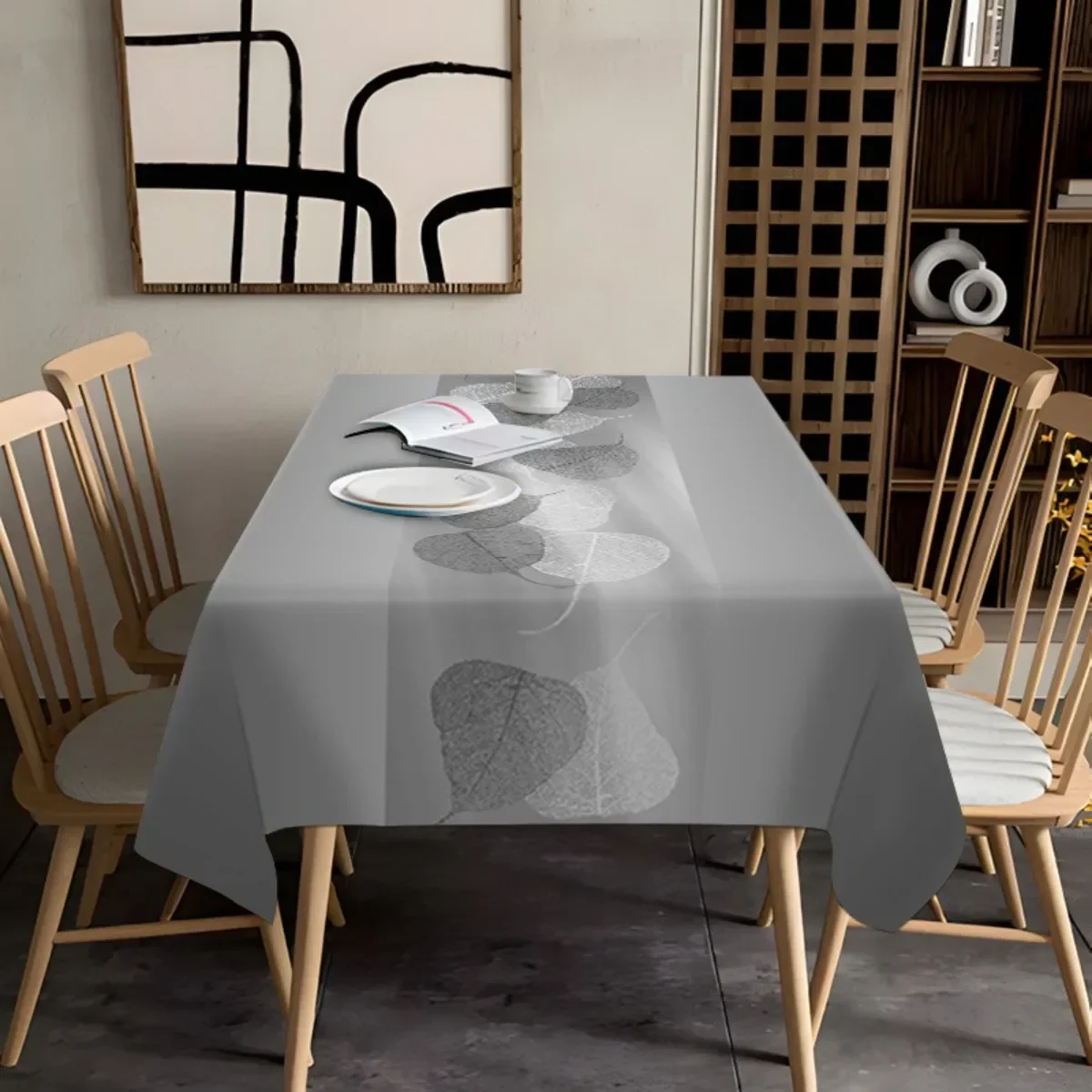 1pc Party Tablecloth, Light Gray Base with Sketch Gradient of Leaves, Minimalist Party Tablecloth Polyester Fabric, Yzb