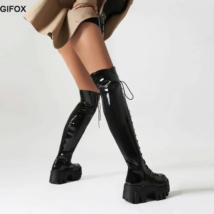 GIGIFOX Platform Over The Knee Boots For Women Wedge Heel Fashion Motorcycle Punk Lace Up Winter Boots Chunky New Rock Shoes