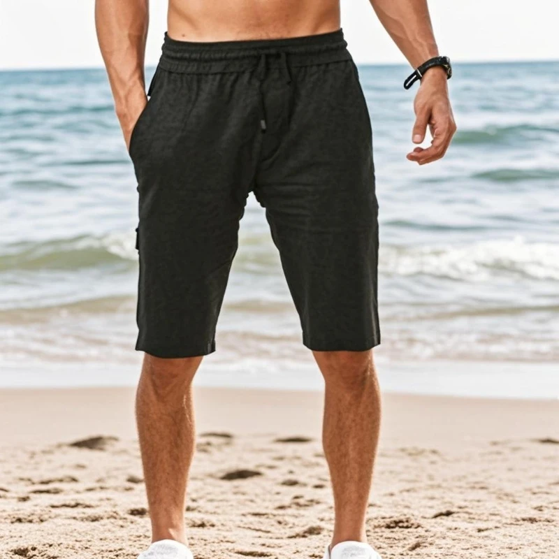 Men's Cotton Linen Short Pants Lightweight Hawaiian Summer Shorts Men Breathable Solid Color Casual Short Trousers