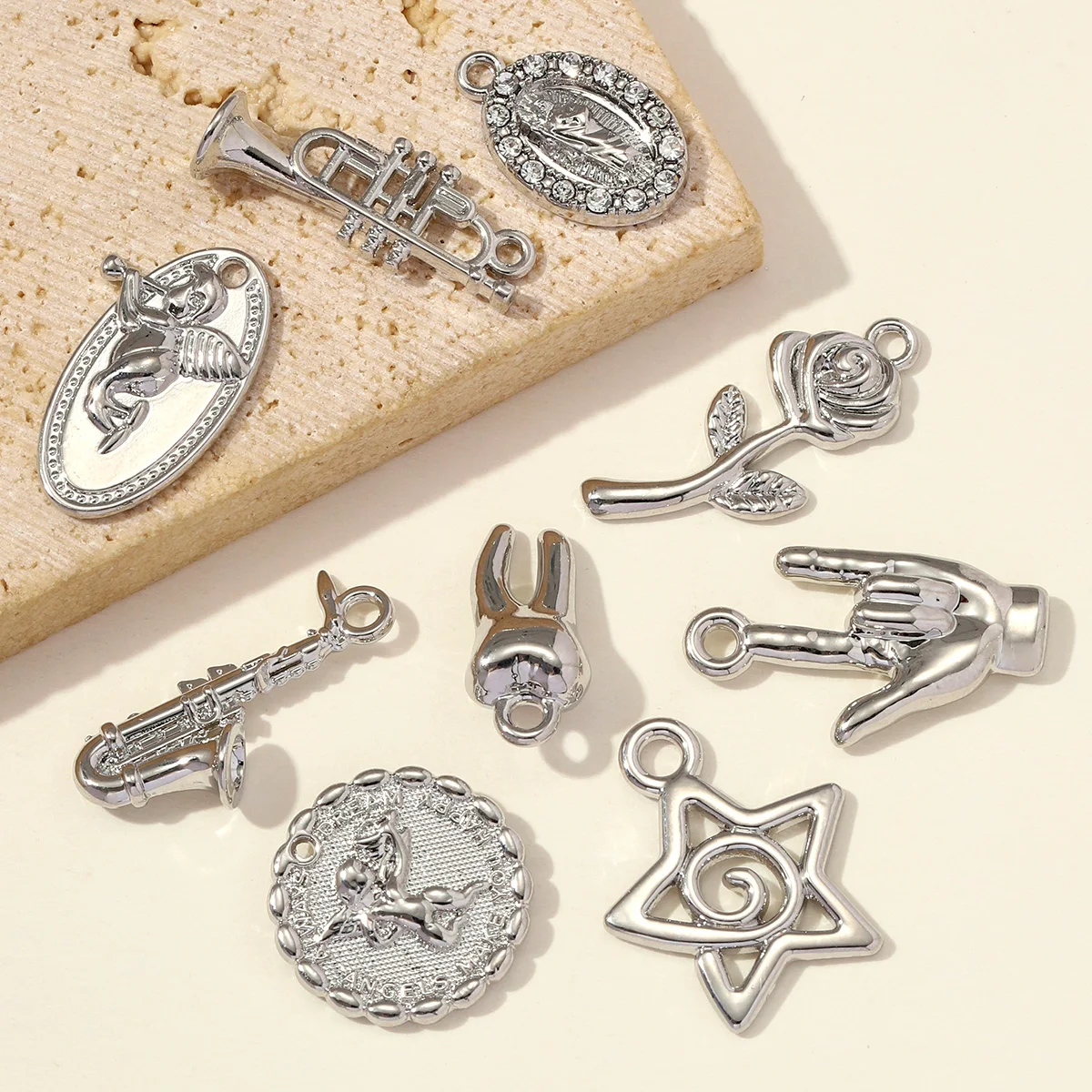 10pcs/lot Saxophone Trumpet Virgin Mary Zinc Alloy Necklace Pendants Woman High Polished Cupid Tooth DIY Earring Charms Jewelry