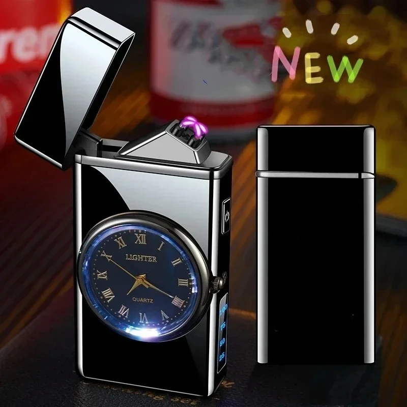 

New Metal Clock Dual Arc Lighter LED Display USB Rechargeable Portable Flameless Lighter Outdoor Camping Flashlight Men's Gifts