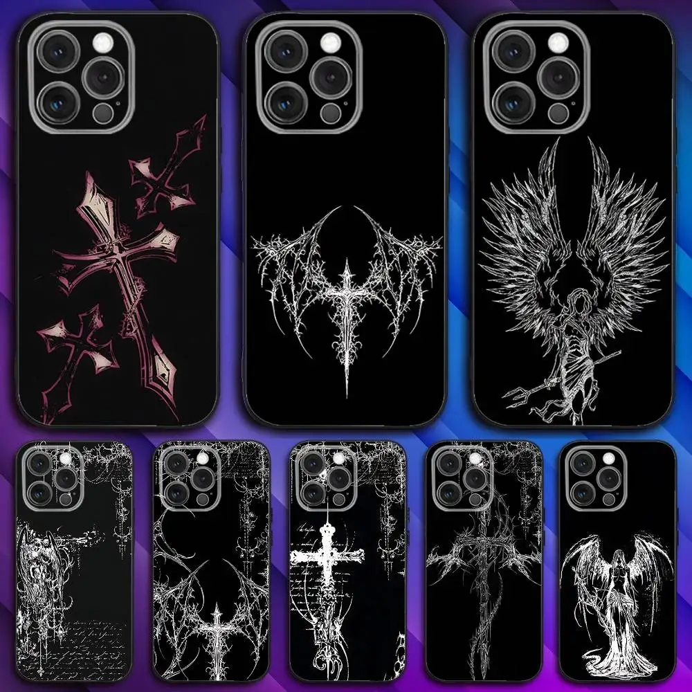 

Gothic Cyber Sigilism Cross Phone Case For iPhone 16,15,14,13,12,11,Pro,Max,Plus,X,XS,SE4,E,Mini,Soft Black Case