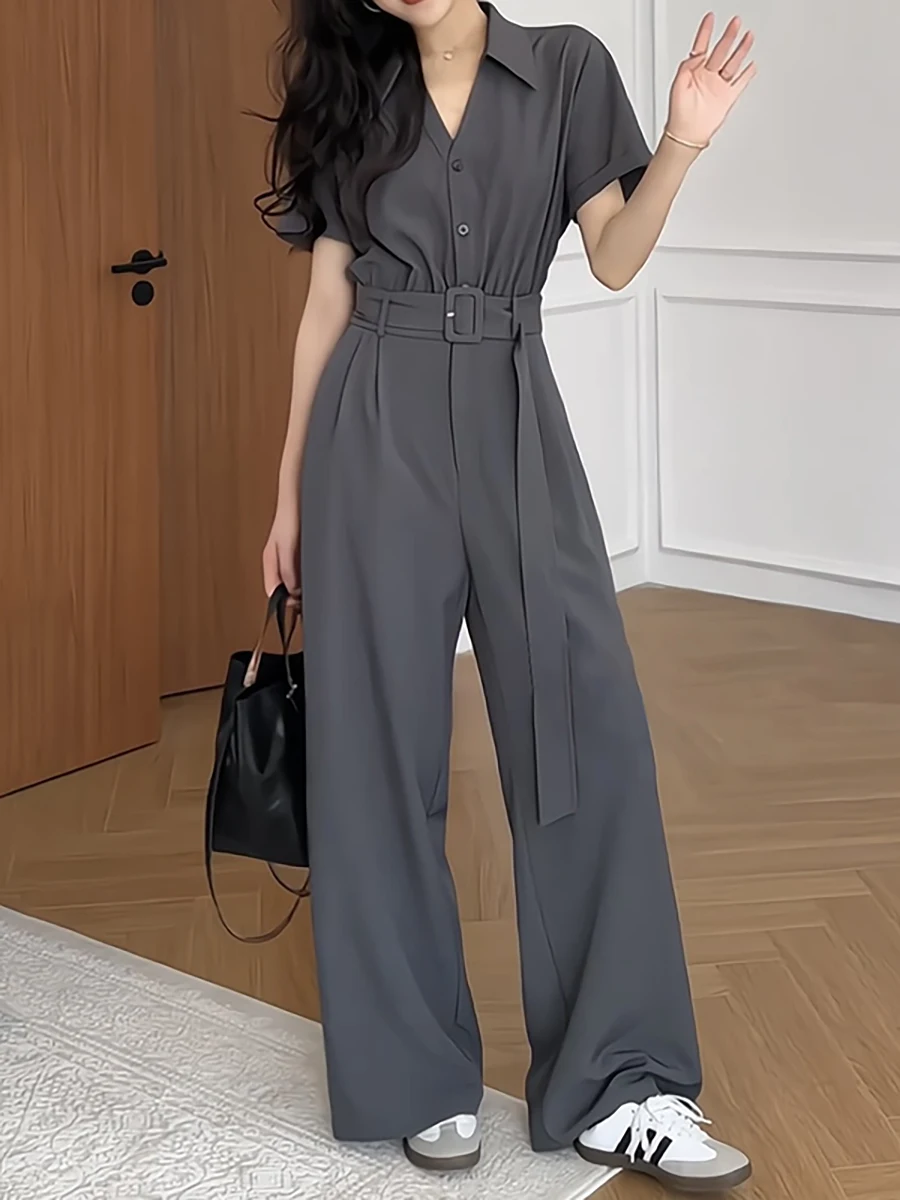 

plus Size Women's High Waist Wide Leg Jumpsuit Conceal Meat Slimming Summer 2025 Commute Sle Long Pants Belt Detail