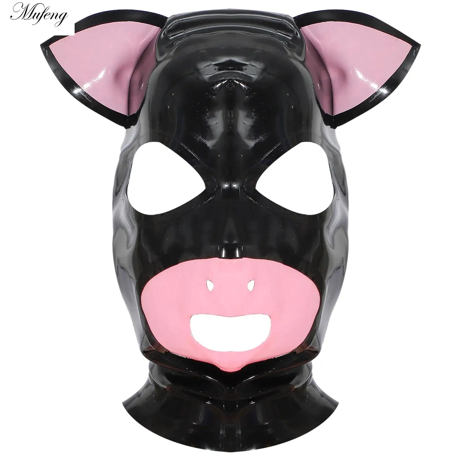 Women Latex Hood Face Mask Adult Face Mask Cat Ears Open Eyes Mouth Perforated Nose Back Zipper for Halloween Cosplay Costumes