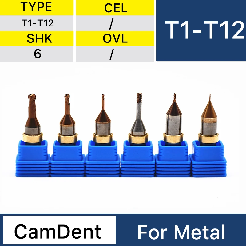 XANGTECH CamDent Metal Milling Tools Ballmill/Endmill/Drill T1-T12 Cad Cam Shank D6 for Titanium/CrCo Block