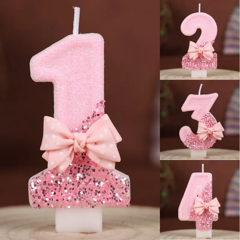 0–9 rosa funkelnde Schleifen-Zahlenkerzen für Kinder, alles Gute zum Geburtstag, Kuchendekoration, Party, Hochzeit, Jubiläen