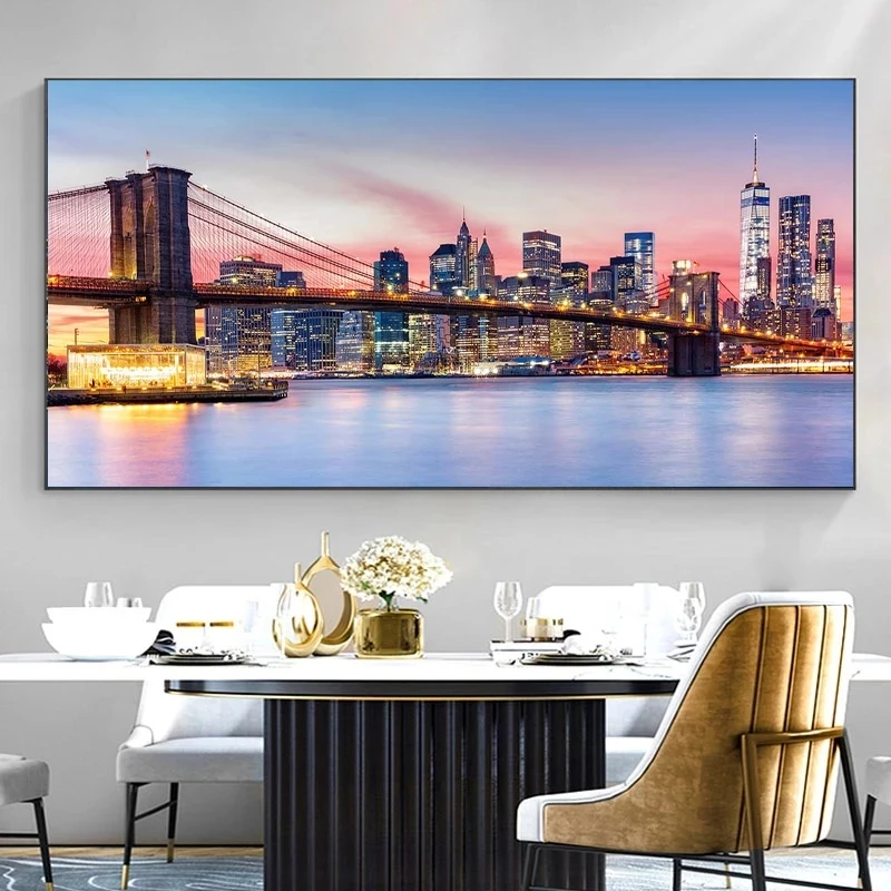 

Night View Brooklyn Bridge New York City Landscape Canvas Painting Posters and Prints Wall Art Pictures Room Home Decor No Frame