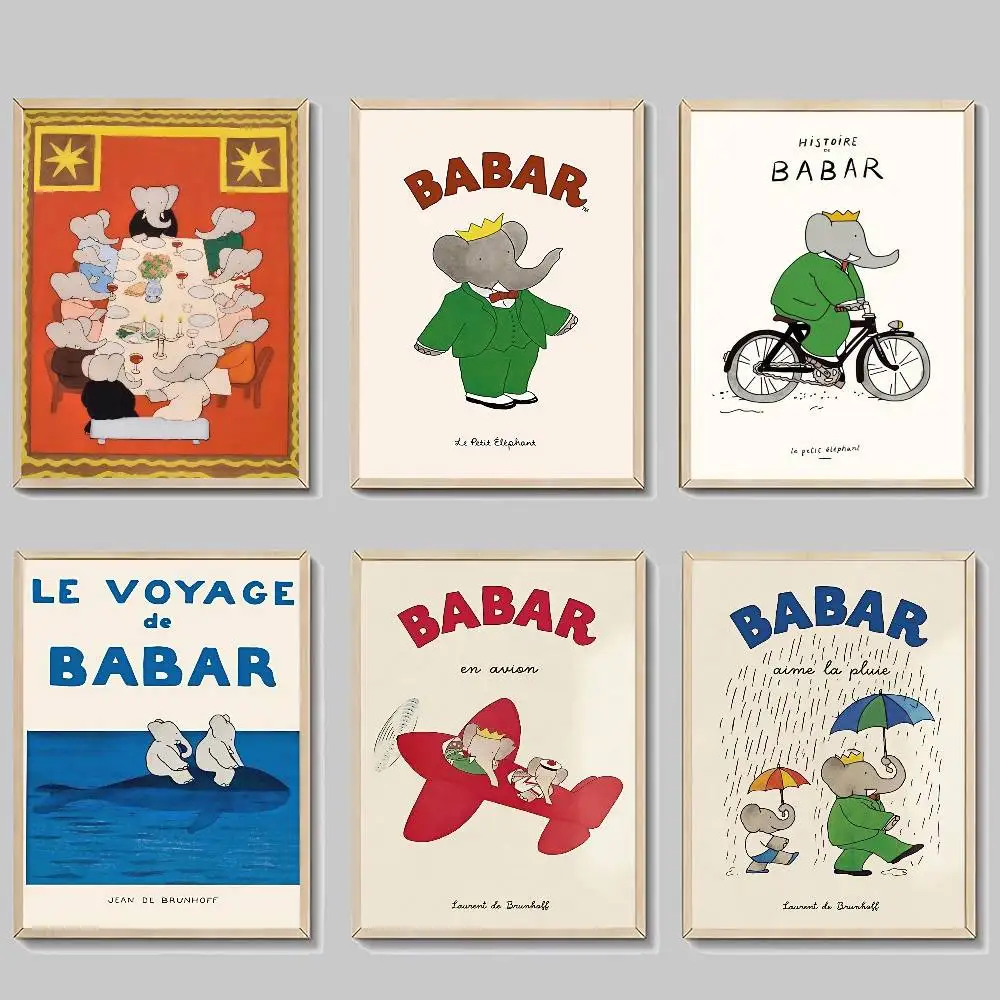 Anime E-Elephant klassische Babar-Anime-Poster, selbstklebende Wandkunst in HD-Qualität, Retro-Poster für Zuhause, Kawaii-Raumdekoration