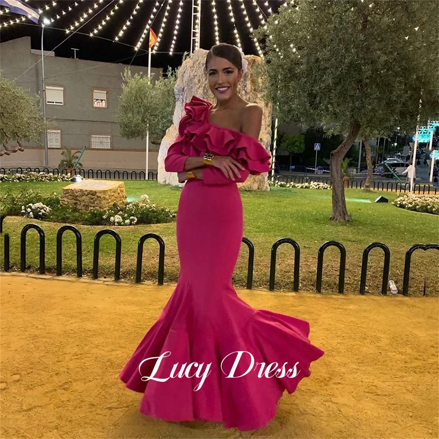 Lucy Three-dimensional Rotator Cuff Evening Dress Satin Rose Red Ball Gown Mermaid Gala Dresses Woman 2024 for Party Wedding