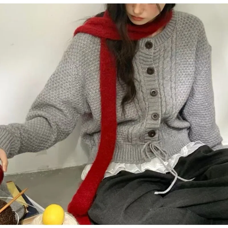 Hem Lace Twist Crew Neck Sweater Women's 2026 Autumn and Winter Drawstring Waist Soft Waxy Warm Knitted Cardigan Jacket 4