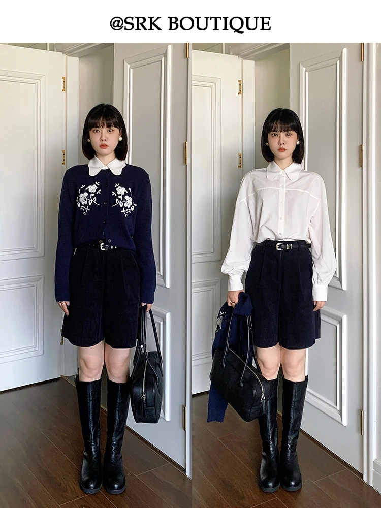 

SRK Retro round Collar irt Autumn Winter Loose Faion Slimming Versatile Long Sve Silk Cotton Women's Busin Casual S...