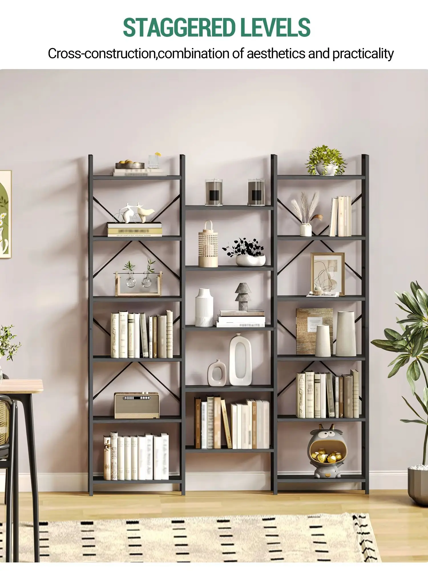 Boekenkast, staande plank met 17 planken, verstelbare afstand, boekenplank met metalen frame, voor woonkamer, slaapkamer - afbeelding 2