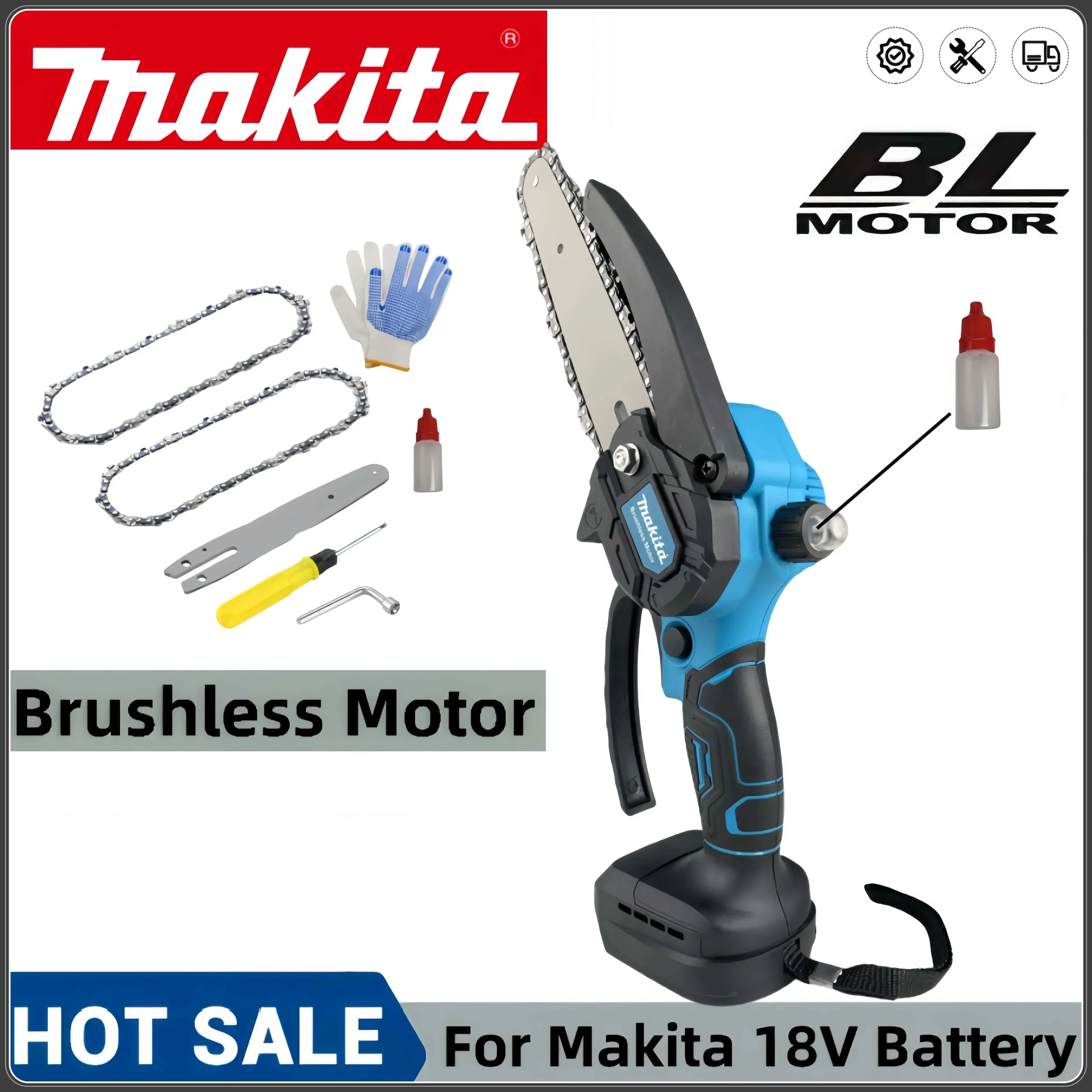 

Makita 6-дюймовая электрическая цепная пила со запасной цепью, перезаряжаемая ручная обрезная бензопила, деревообрабатывающая электрическая пила, режущий инструмент