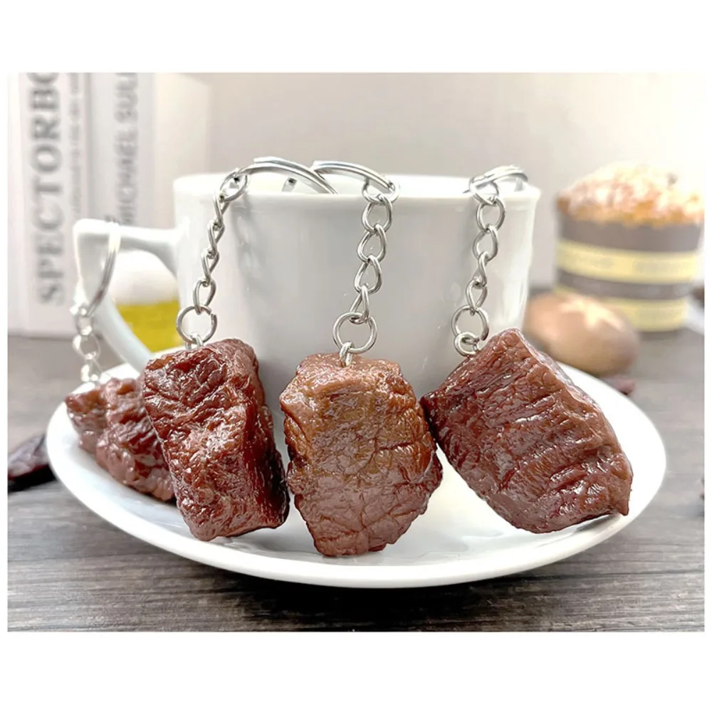 Fun Simulation Beef Block Beef Keychain PVC Imitation Food Beef Cubes Keyring Food Model Simulation Food Keychain Children's