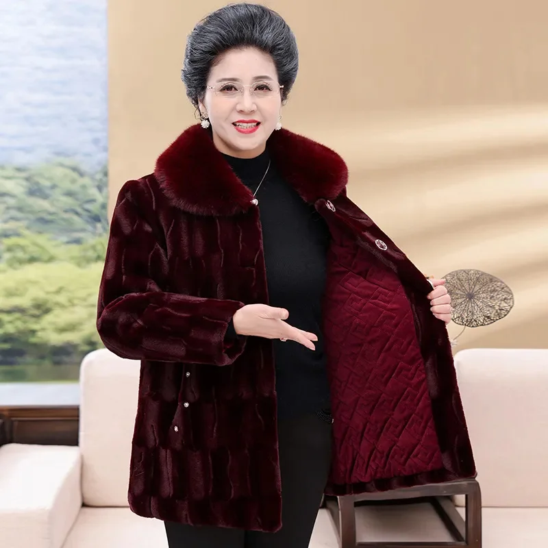 

Grandma Jacket Mink Imitation Leather Coat Ladies Old Middle-Aged Outcoat Warm Winter New High-Quality Padded Fur Coat Women Top