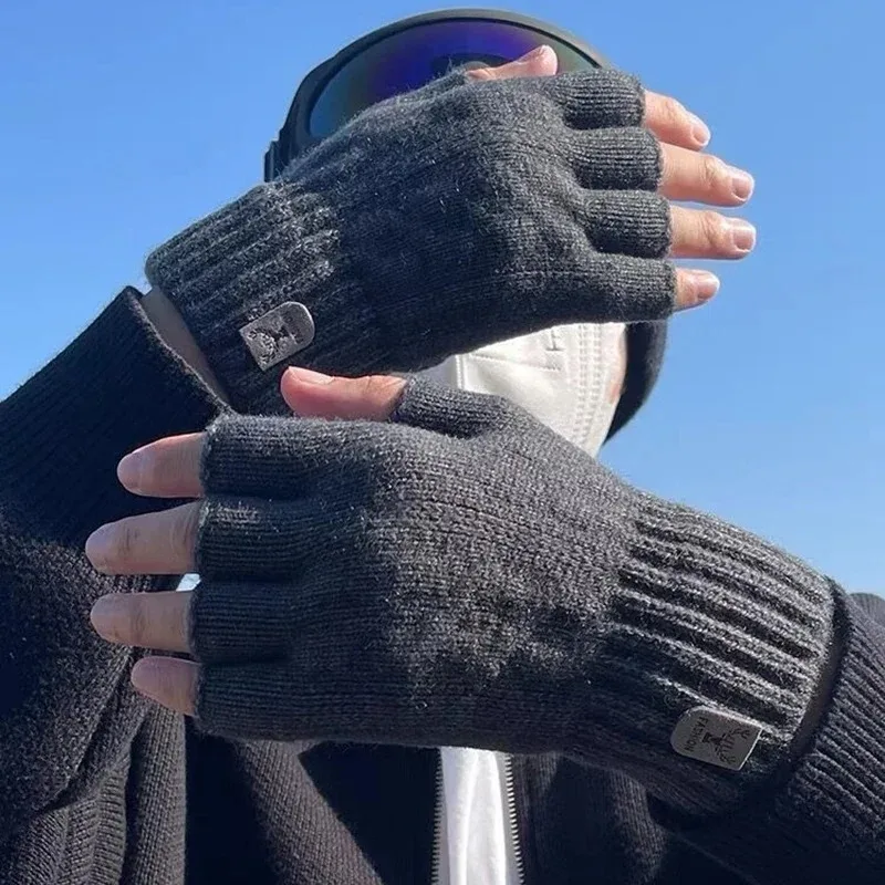 Guantes de punto para hombre y mujer, manoplas térmicas de medio dedo, gruesas de lana, sin dedos, para pantalla táctil, Invierno