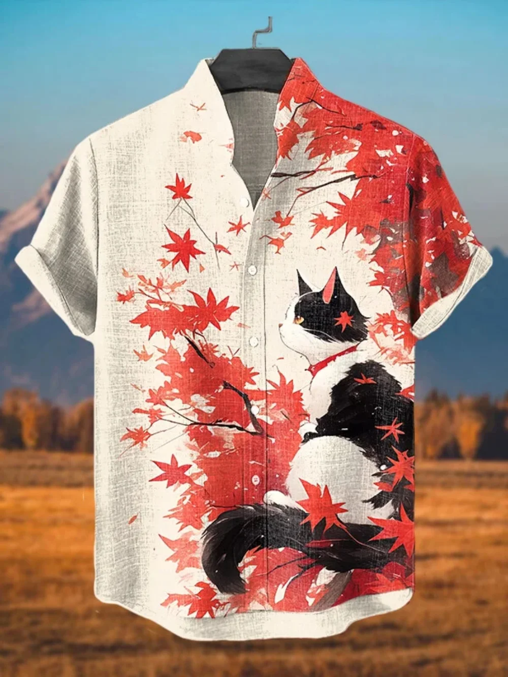 

Men's Fashionable Linen Shirt Stand up Collar Cat Pattern Printed Breathable Clothing for Daily Vacation Beach