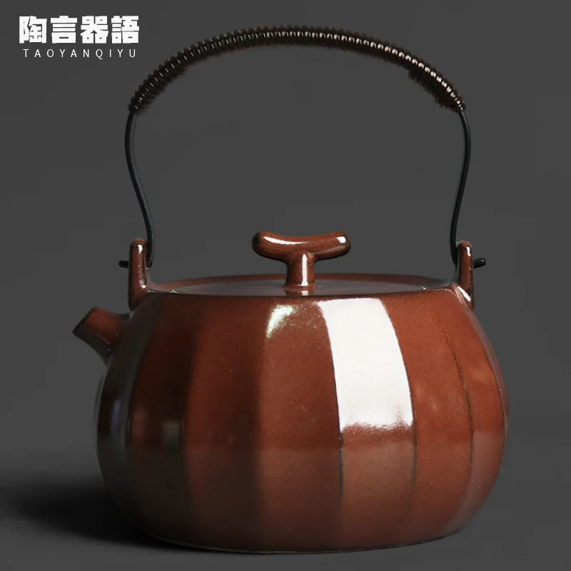 Vintage red melon petal shape lifting beam boiling tea kettle charcoal electric stove open flame ceramic water kettle