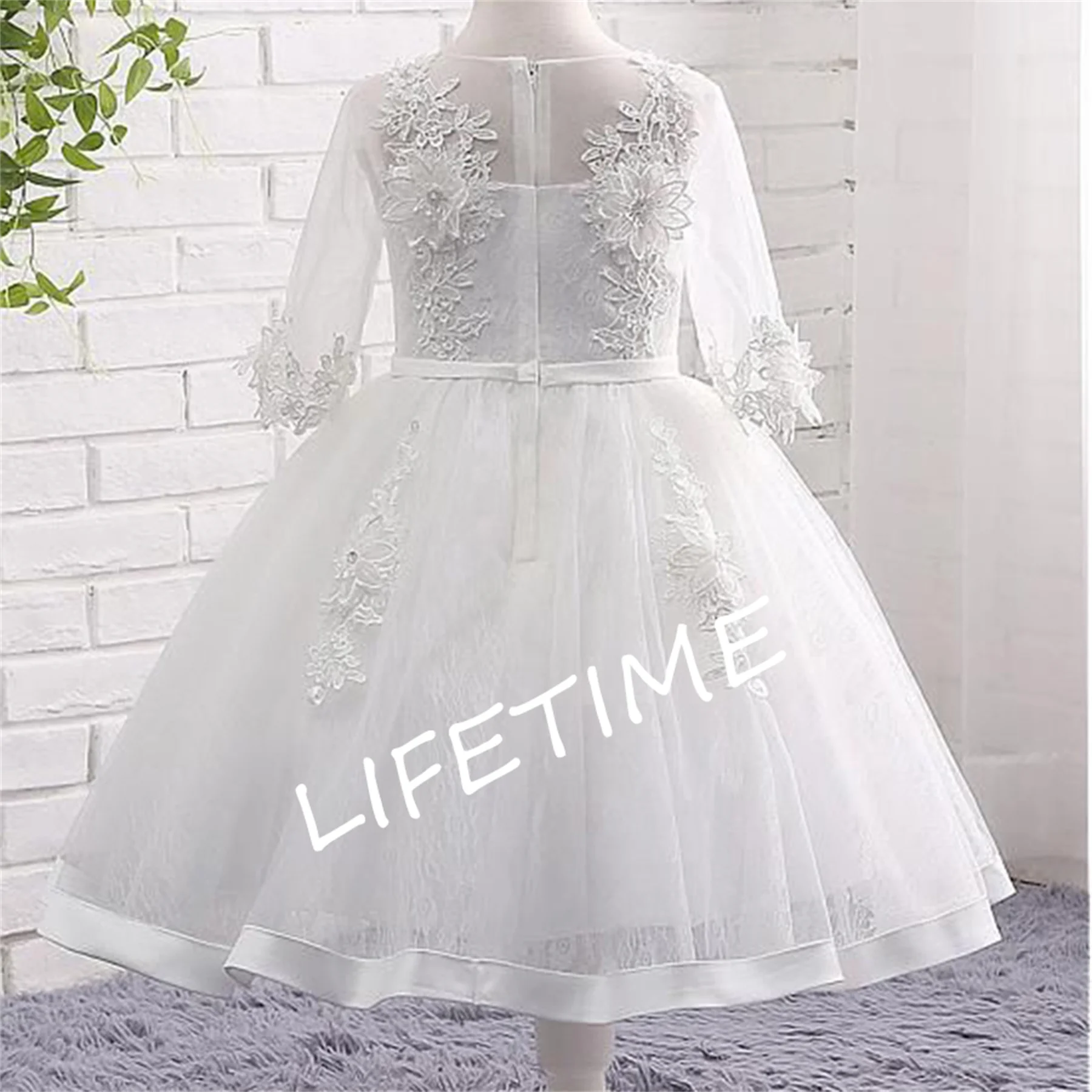 White Applique Flower Girl Dress Beach A-Line Kids Princess Full Sleeve Ball Gown Tea Length Wedding Dance Tulle Prom Dresses