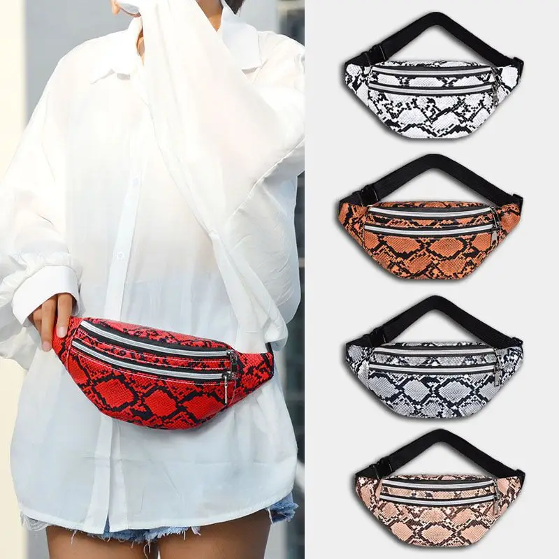 Outdoor Waist Bag Waterproof Snakeskin Waist Bum Bag Running Jogging Belt Pouch Zip Fanny Pack Mobile Phone Bag PU Chest Bag