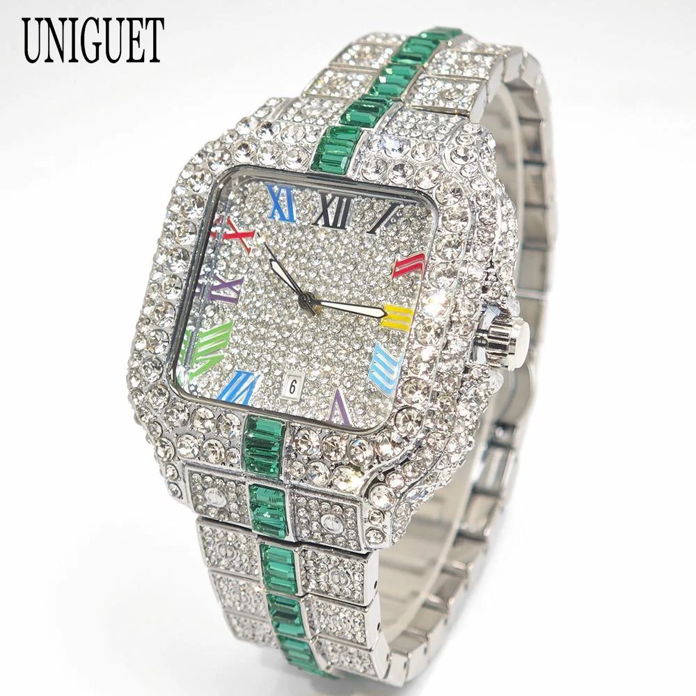 

Hot Luxury UNIGUET Brand Hip Hop Full Diamond Watch Men Fashion Rainbow Roman Numerals Dial Waterproof Quartz Man Wristwatch New