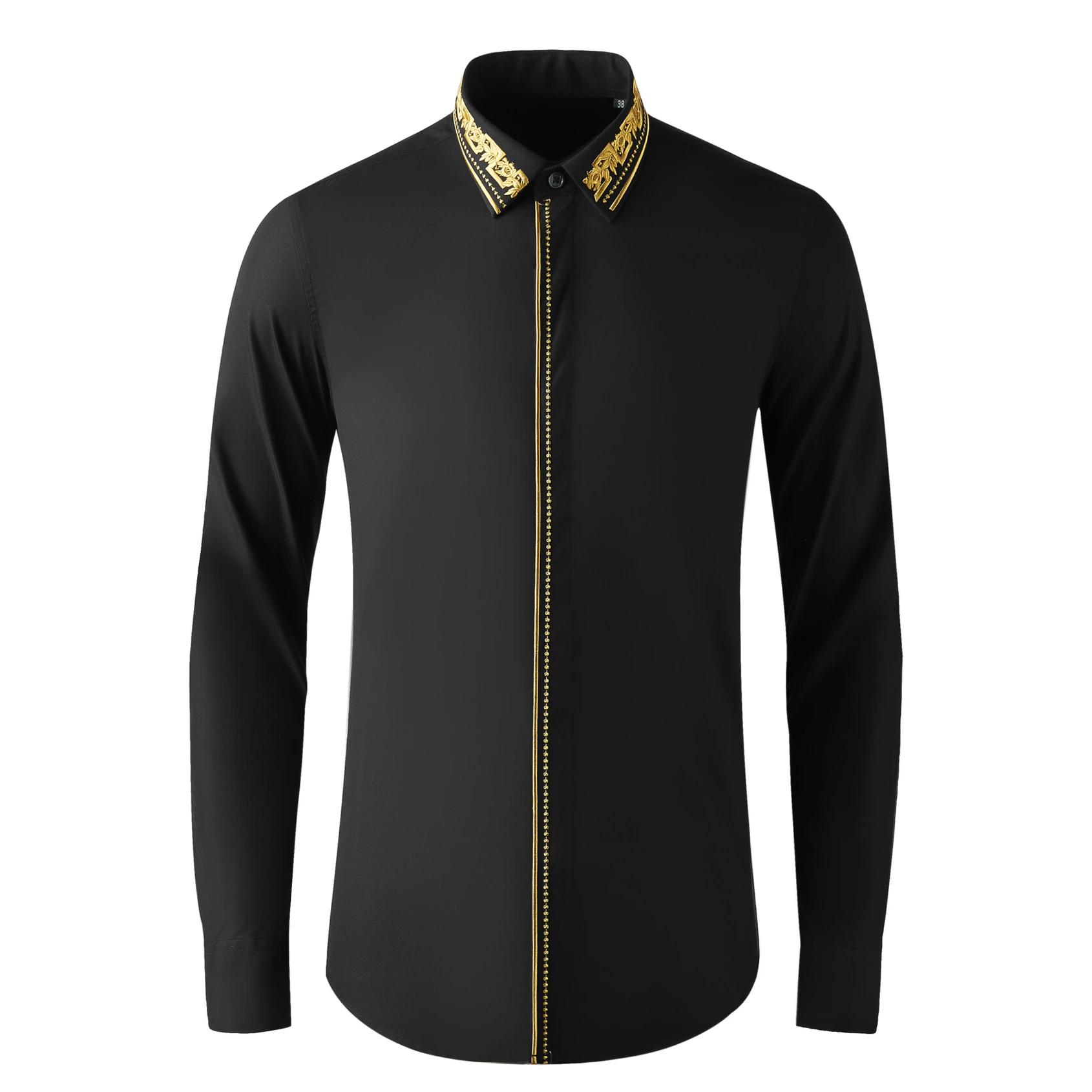 Golden Royal Embroidery Men's Shirts Slim Fit Long Sleeve Business Social Shirt Cotton Casual Banquet Party Blouse Men Clothing