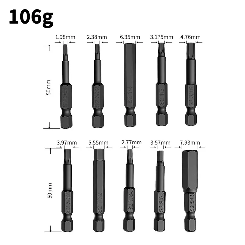 10pc Black Imperial 1/4 Hexagonal Handle Screwdriver Head S2 Alloy Steel Strip Magnetic Power Tool Accessory Set