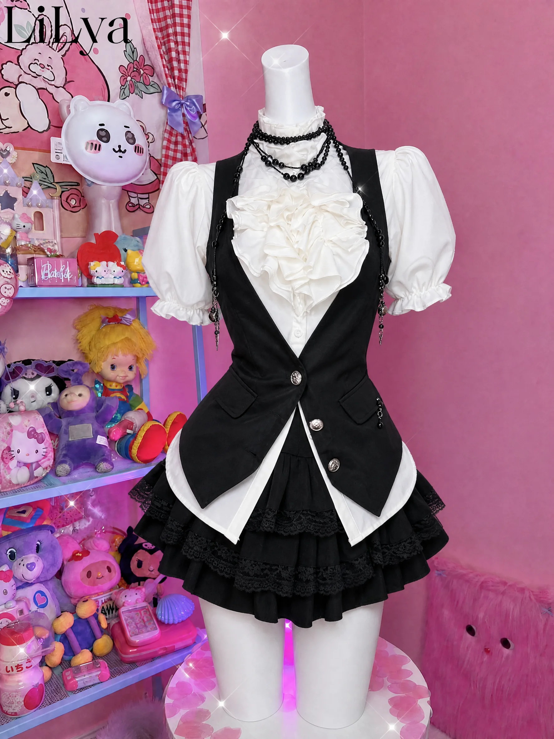 Harajuku Gothic Retro Chic Outfit Women Bubble Sleeve Shirt + Slim Vest + Short Cake Skirt New Vintage Fashion 3 Piece Suit 2025