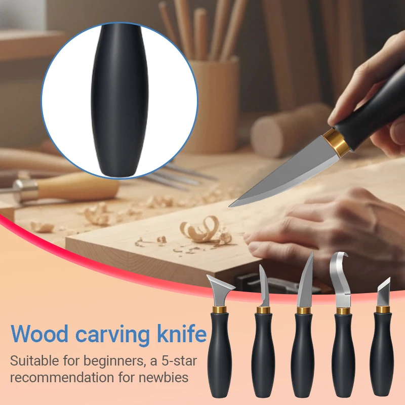 5 قطعة أدوات نحت الخشب للمبتدئين مقبض بلاستيكي بلوري أسود 5 أنواع من رؤوس القطع الحادة من الفولاذ الكربوني نحت محمول #2