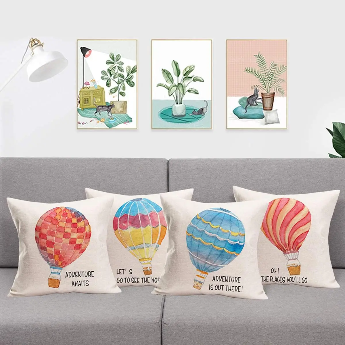 Pillow Cover Adventure Theme Colorful Hot Air Balloon Pattern Cushion Cover Linen Home Decoration Outdoor Pillowcase