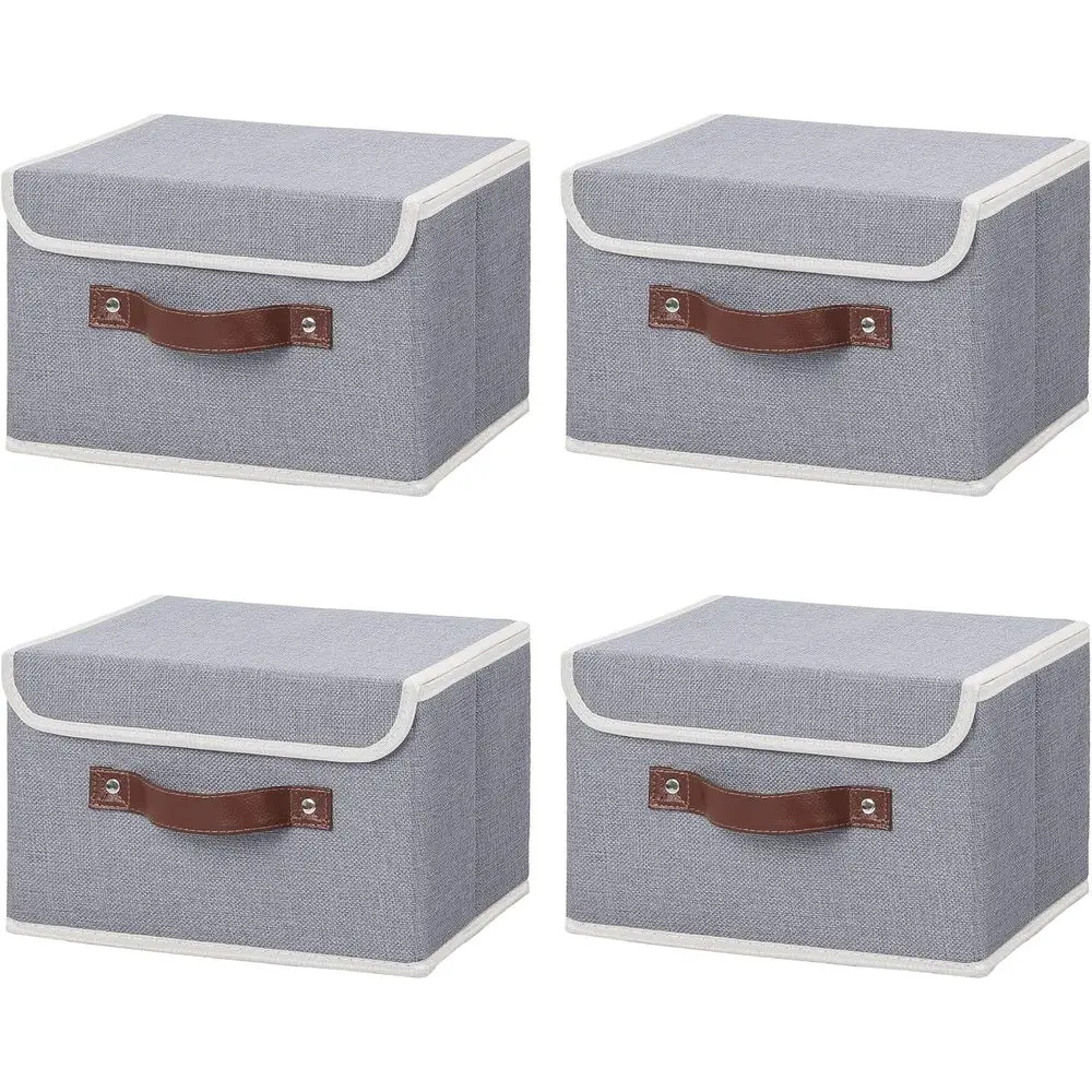 

Набор из 4 складных коробок для хранения с крышками, ручками из искусственной кожи и декоративной отделкой из хлопково-льняной ткани, основа из полипропилена, для дома