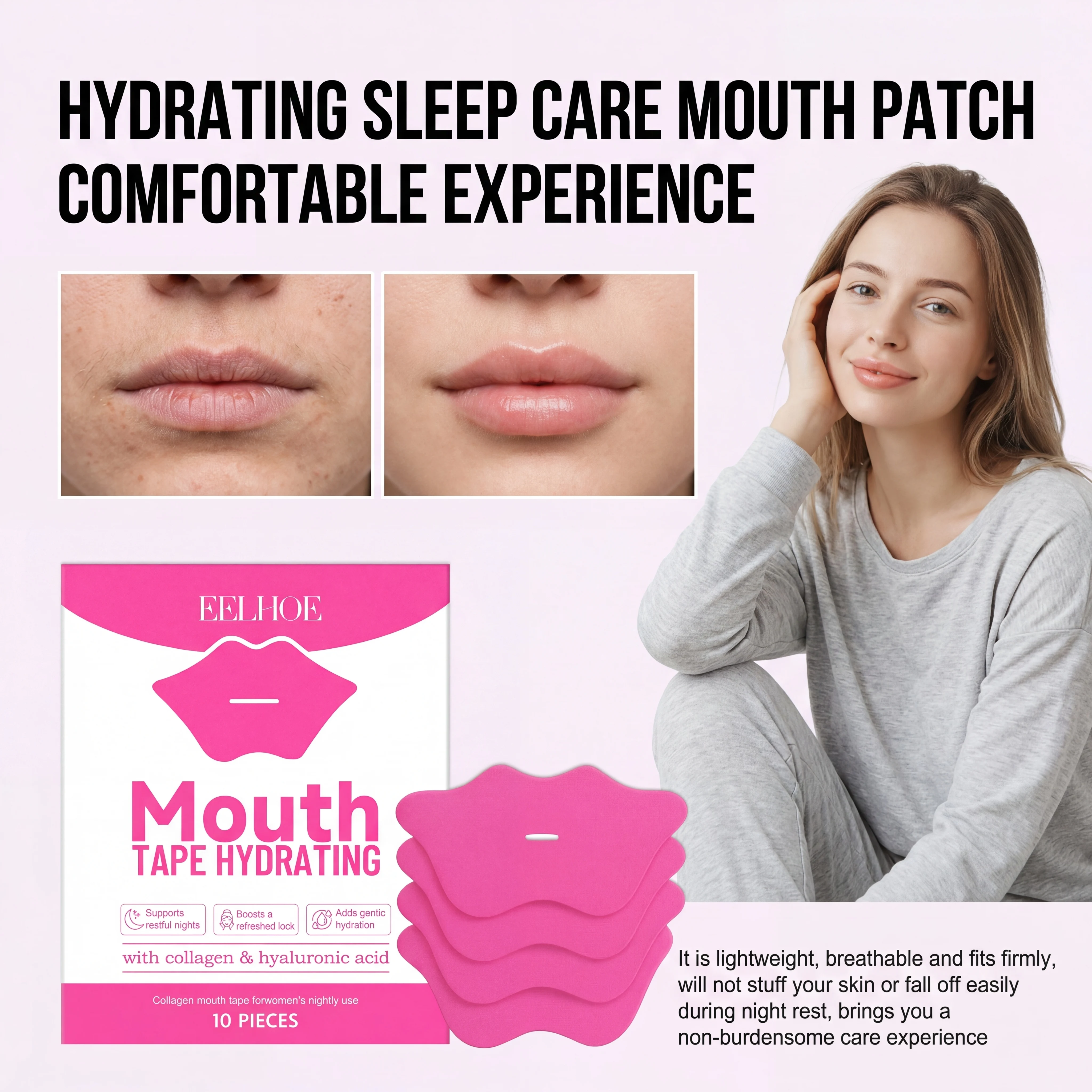 

10 шт. пластырей для рта от храпа для улучшения дыхания во время сна, ночные полоски для губ с коллагеном и гиалуроновой кислотой
