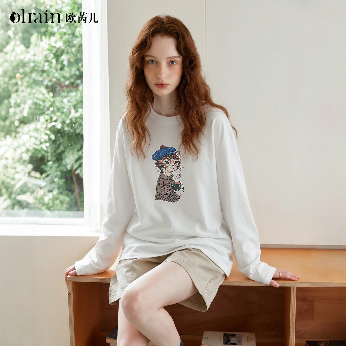 OLrain Long Sleeve T-Shirt Women's 2026 Autumn New French Crew Neck Contrasting Color Animal Printed Shoulder Sleeve O58QT003913