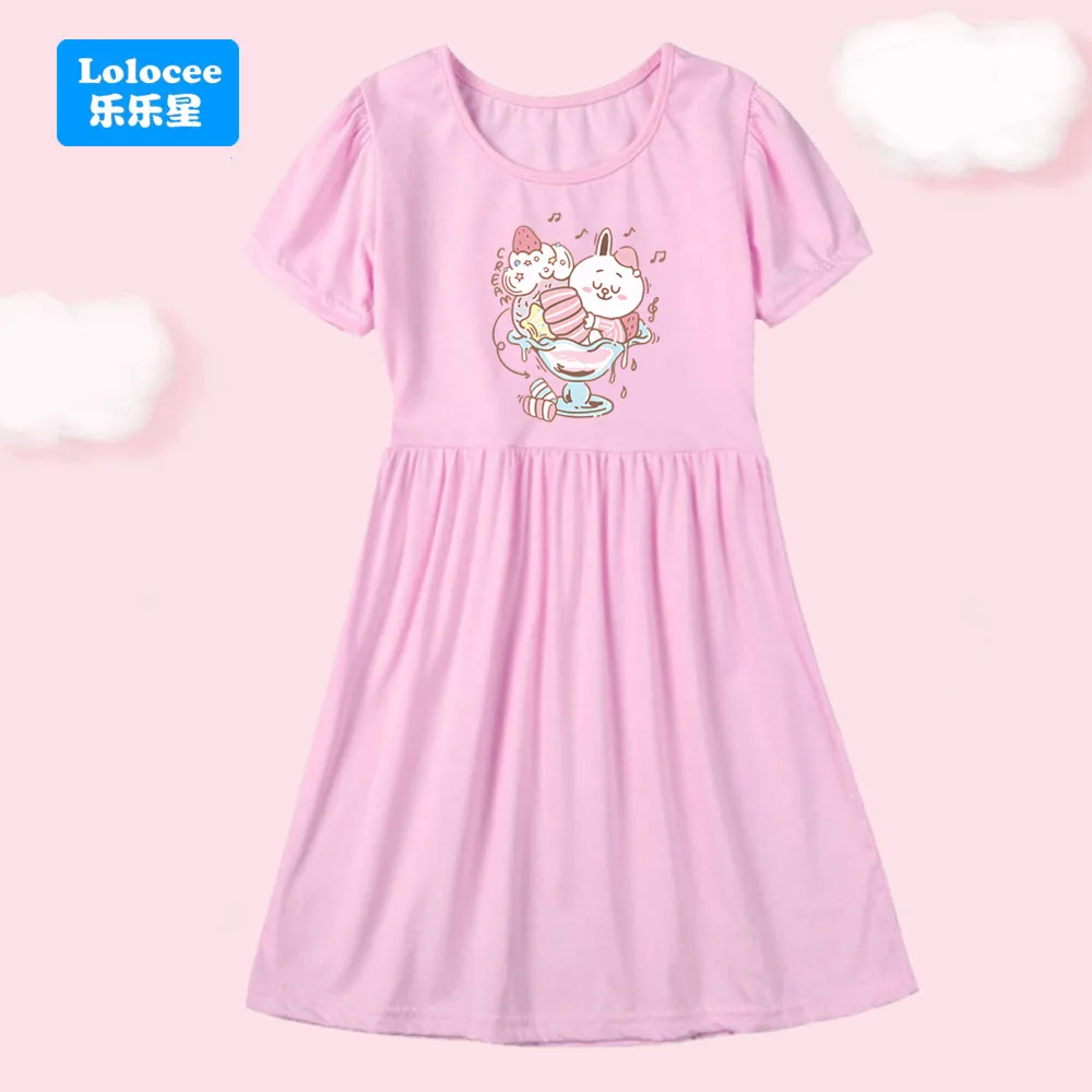 Lolocee Girls' Cotton Dress Cute Rabbit & Ice Cream Print Pink/Purple Short Sleeve Casual Dress for Kids BQL1