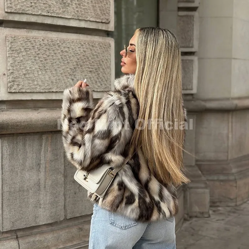 Neo Mint Brand Designer Zebra Strip Print Faux Fur Jacket Women Autumn Winter 2025 Stand Collar Fox Fur Coat Ins Girls Outerwear