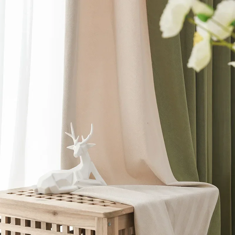 Modern Minimalist Milk Tea Color Matcha Green Chenille Curtains for Living Dining Room Bedroom Herringbone Pattern Sunscreen